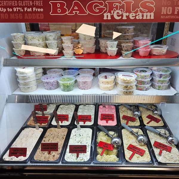 A refrigerated display case at Bagels N' Cream filled with various cream cheeses and salads.