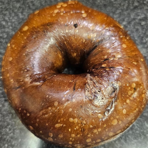 A close-up of a dark, glossy bagel with small, lighter-colored bubbles on its surface.