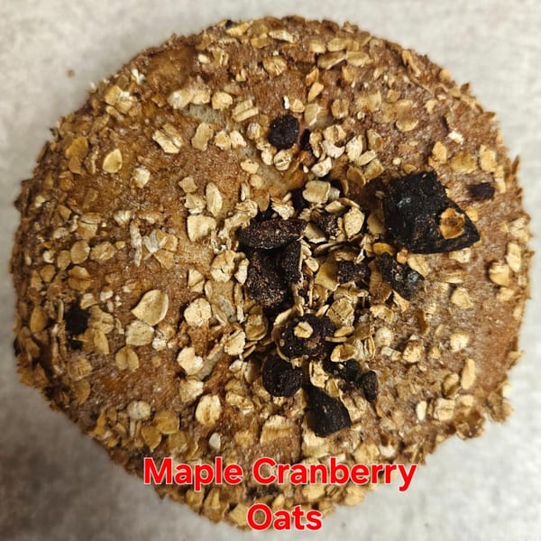 Close-up of a Bagels N' Cream maple cranberry oats bagel, topped with oats and dried cranberries.