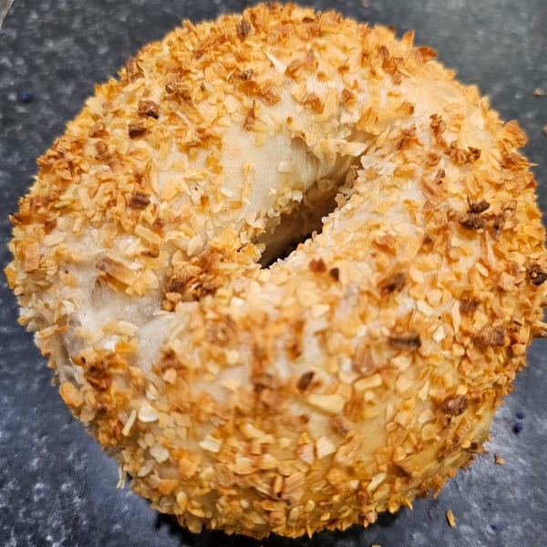 A close-up of a Bagels N' Cream bagel, generously topped with toasted coconut flakes.