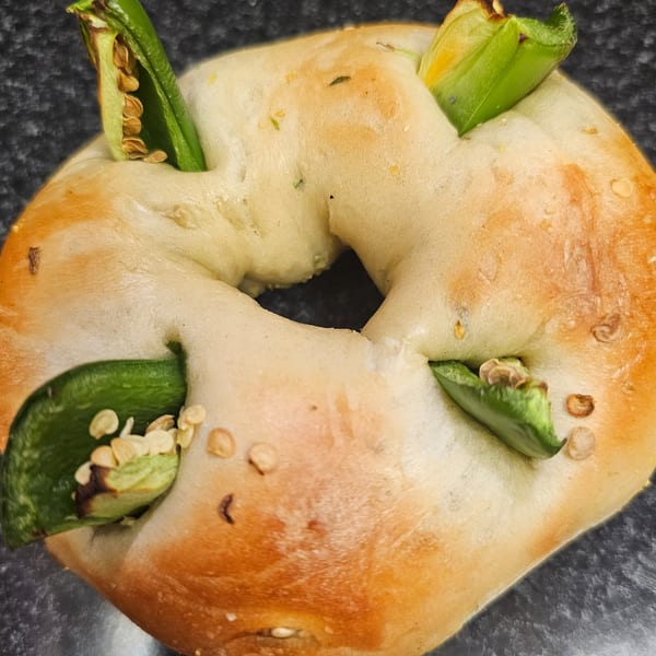 Close-up of a Bagels N' Cream bagel with green jalapeño slices and seeds baked into the dough.